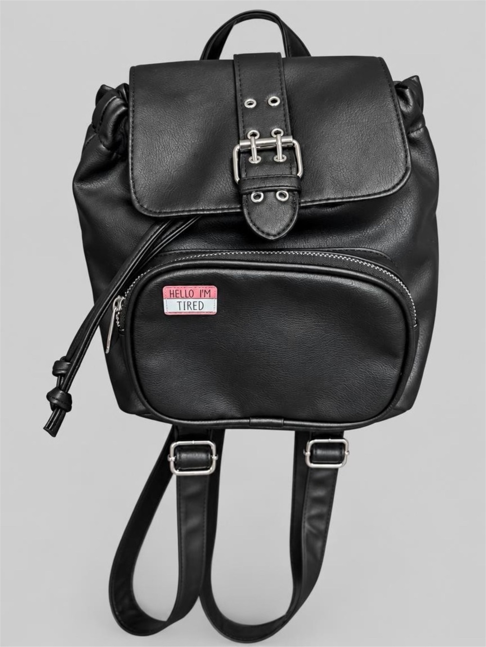 Black Mini Backpack with Buckle Flap and Front Zip Pocket